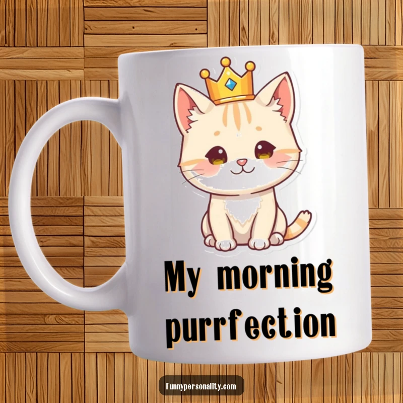 Funny cat character wearing a golden crown, looking sophisticated and regal, a humorous mug for cat royalty.