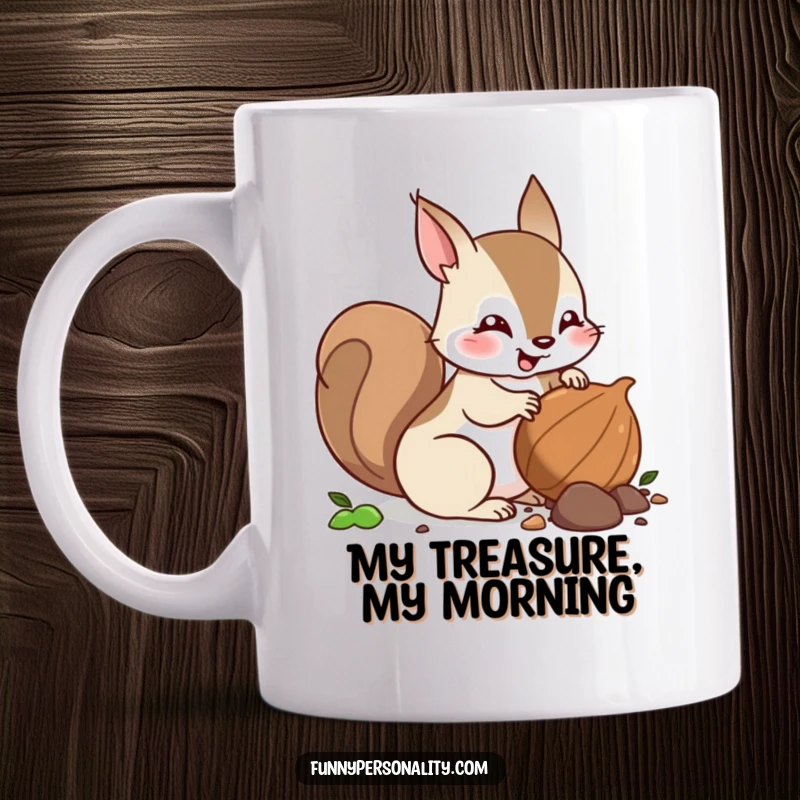 Funny squirrel mug featuring an energetic squirrel character excitedly burying a nut, symbolizing resourcefulness and humor.