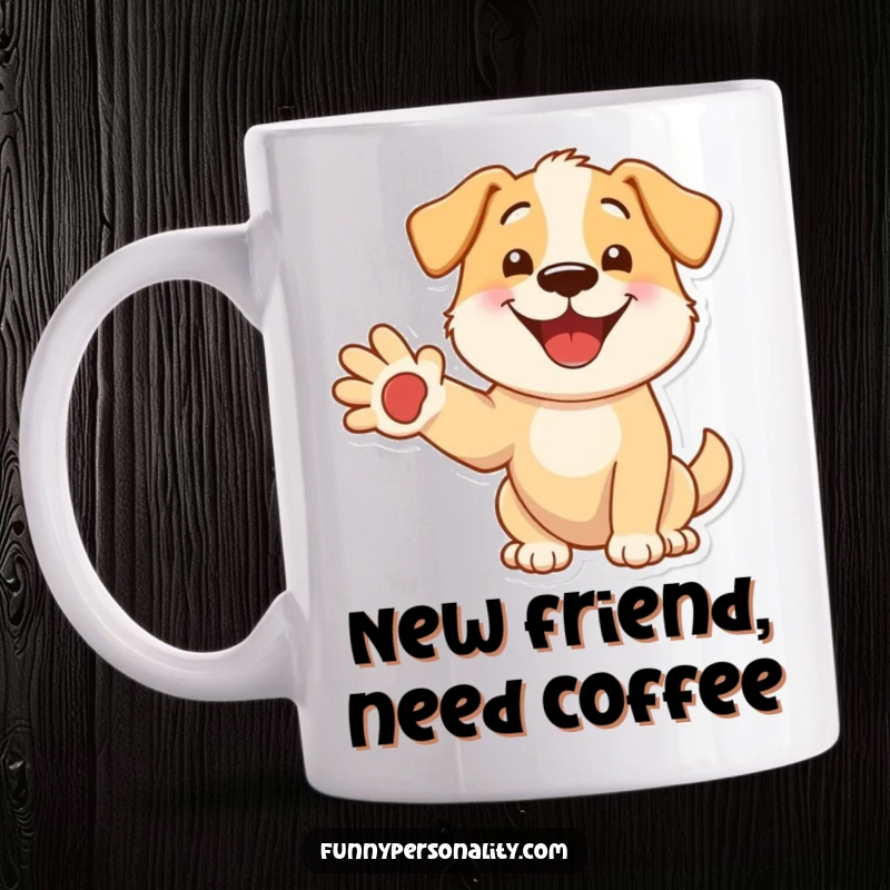 Funny dog mug with a big smile, extending a friendly paw for a playful greeting, evoking warmth and happiness.