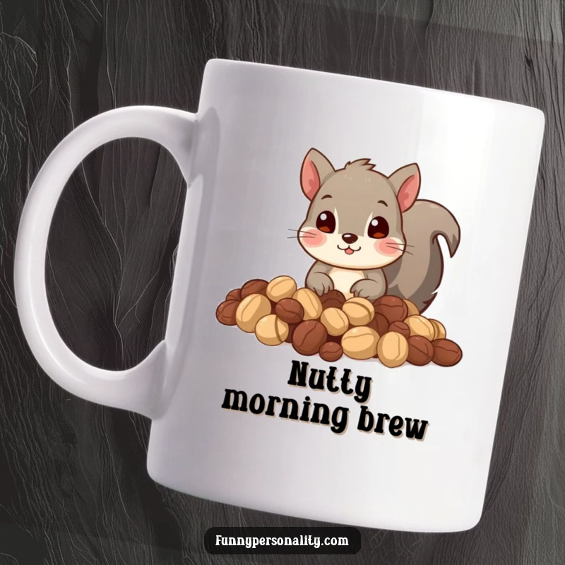Funny mug featuring a curious squirrel peeking out from a large pile of nuts. Perfect for collectors and nature lovers.