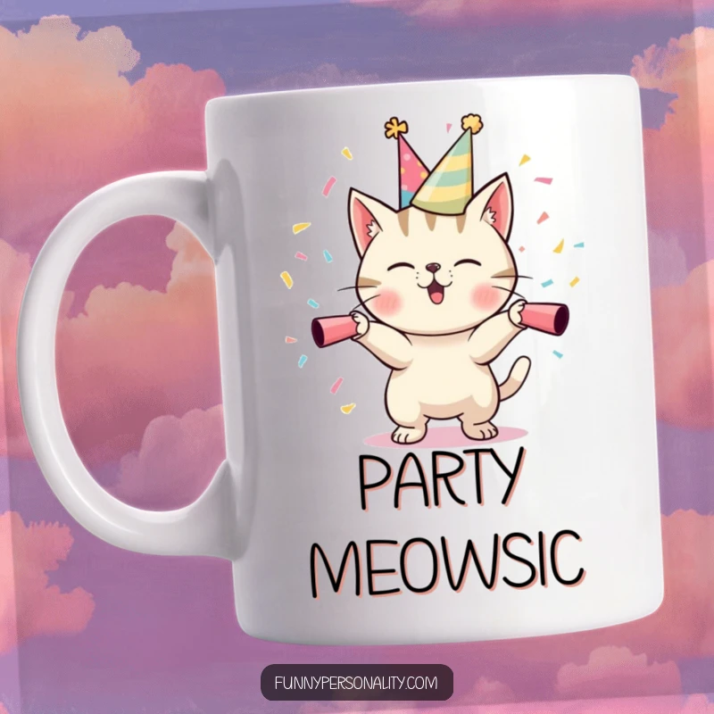 Funny Cat Party Mug: A mischievous cat in a party hat fires confetti cannons, creating a festive and fun scene. A great funny gift.