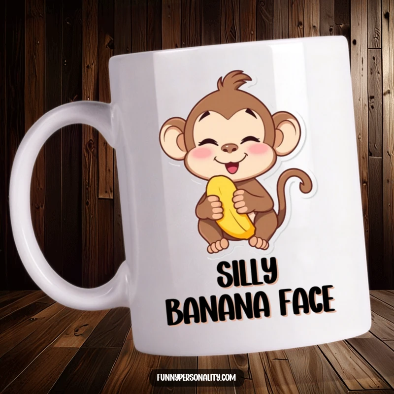 Funny mug with a playful monkey character making a silly face while holding a banana. Hilarious primate fun.