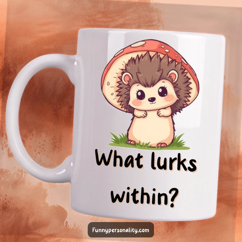 Funny mug featuring a curious cartoon hedgehog peeking out from behind a large, colorful mushroom in a whimsical forest setting.