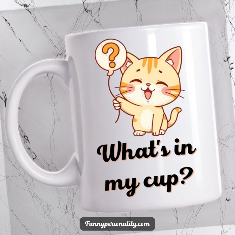 Funny Cat Question Balloon Mug: A curious cat enthusiastically points at a floating question mark balloon. Humorous gift idea.