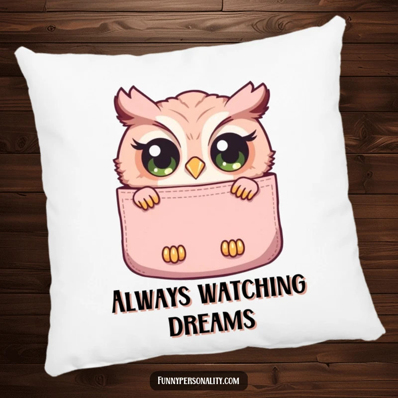 Funny pillow featuring a curious owl with wide eyes peeking out from a large pocket, perfect for comfort and whimsical decor.