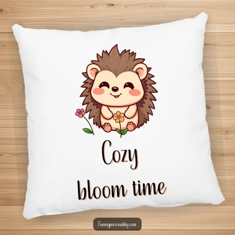 Funny pillow with a cheerful hedgehog smiling at a tiny flower, a soft and heartwarming addition to any couch or bed.
