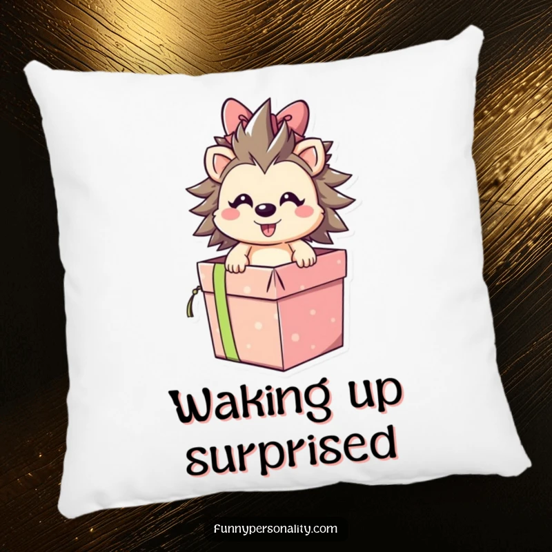Smiling hedgehog character bursting out of a gift box, depicted on a plush pillow, ideal for cozying up with a funny gift.