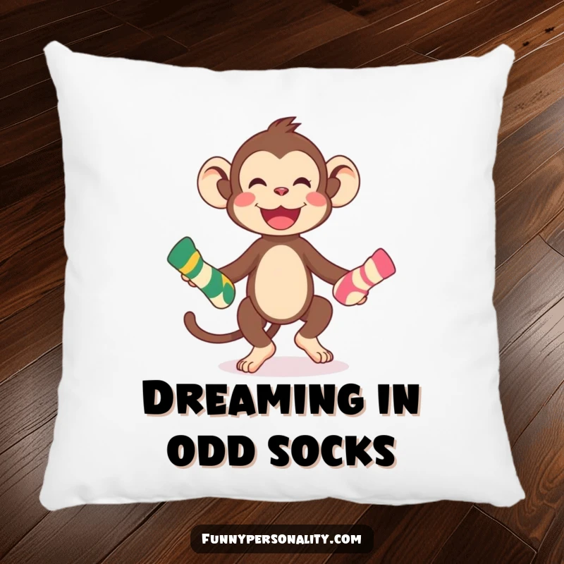 Funny playful monkey character juggling socks, depicted on a plush pillow, ideal for cozying up with a funny gift.