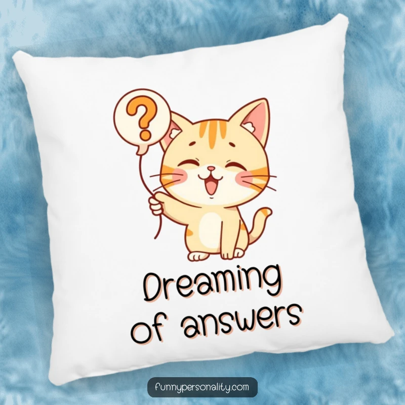 Funny Cat Question Balloon Pillow: A soft pillow with a curious cat pointing at a question mark balloon, perfect for cozy contemplation. Decor.