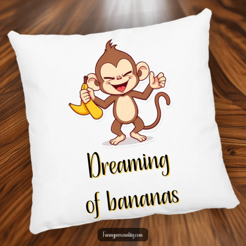 Funny monkey pillow: a soft cushion featuring a mischievous monkey character juggling three bananas with a sly smile, perfect for lounging.