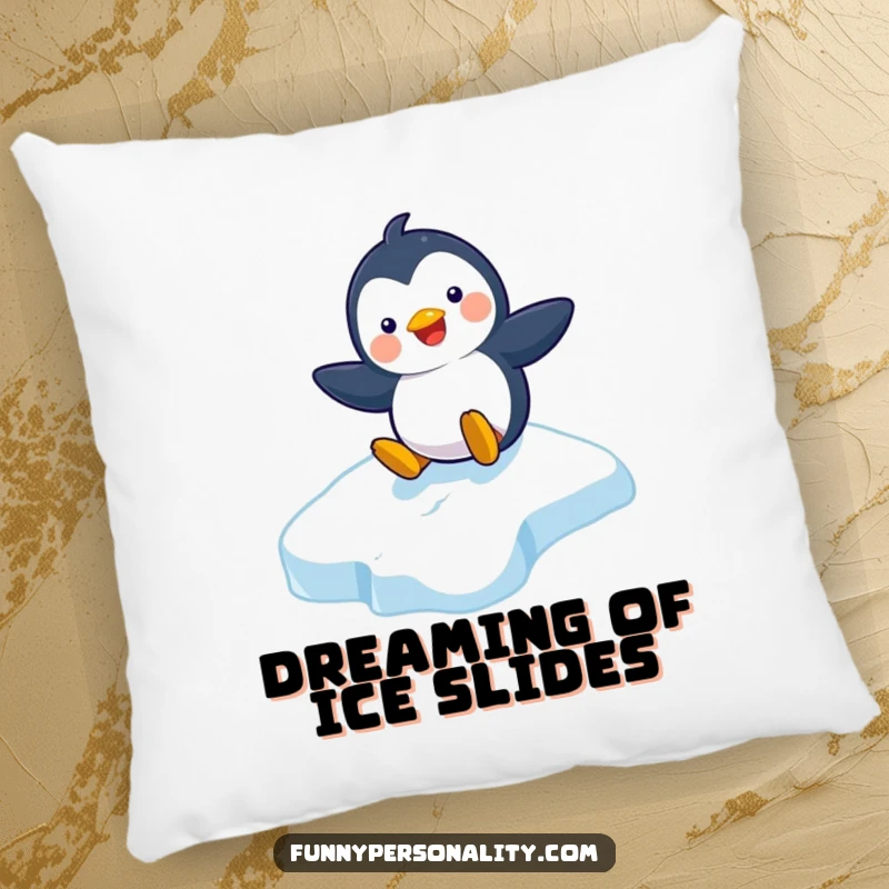 Funny pillow featuring a playful penguin character sliding down an icy slope with a happy grin, perfect for cozy comfort.
