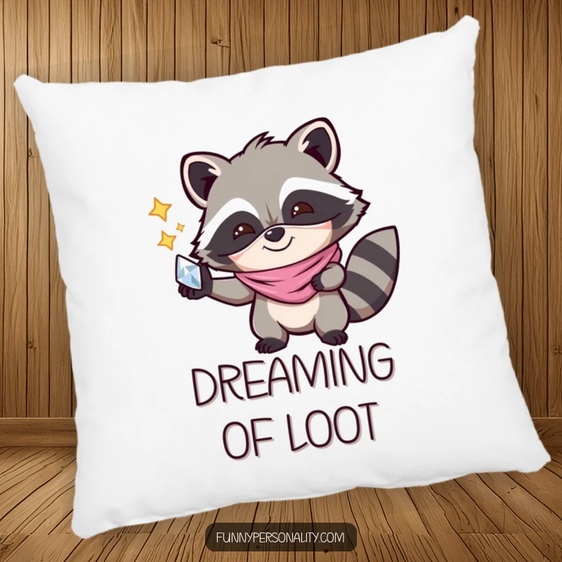 Funny Pillow: A joyful raccoon wearing a mask and holding a shiny object, offering soft comfort and a touch of playful banditry.