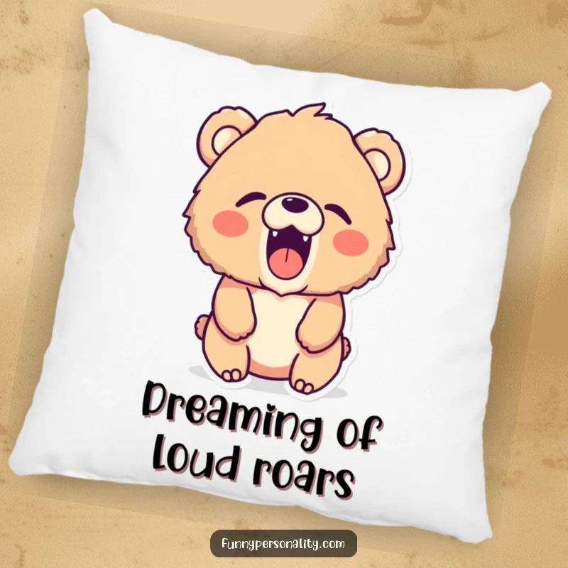 Funny bear pillow: a soft, decorative pillow featuring a fluffy bear character joyfully roaring a tiny, silent roar.