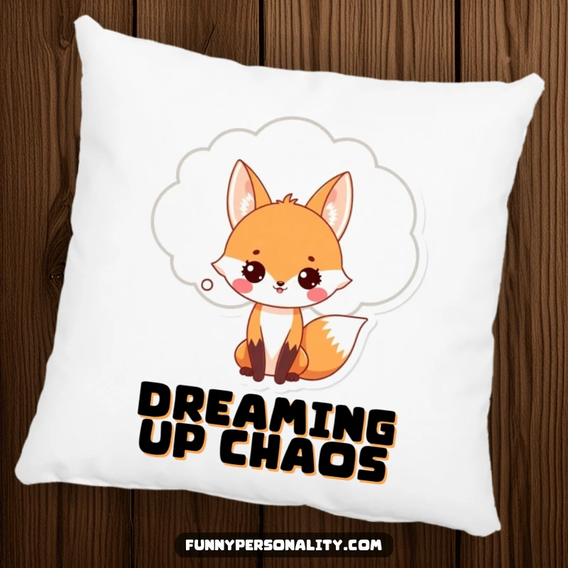 Funny Fox Pillow: A soft pillow with a cute fox sporting a giant thought bubble, perfect for adding whimsical humor to relaxation. Home decor.