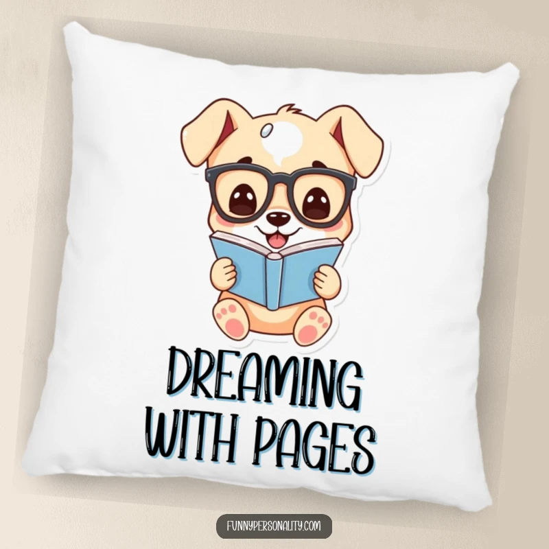 Funny decorative pillow featuring a cartoon puppy wearing glasses, grinning while reading a book, perfect for cozy humor.