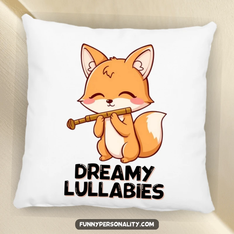 Funny pillow featuring a cheerful fox character playing a tiny flute with closed eyes, offering comfort and a touch of musical serenity.