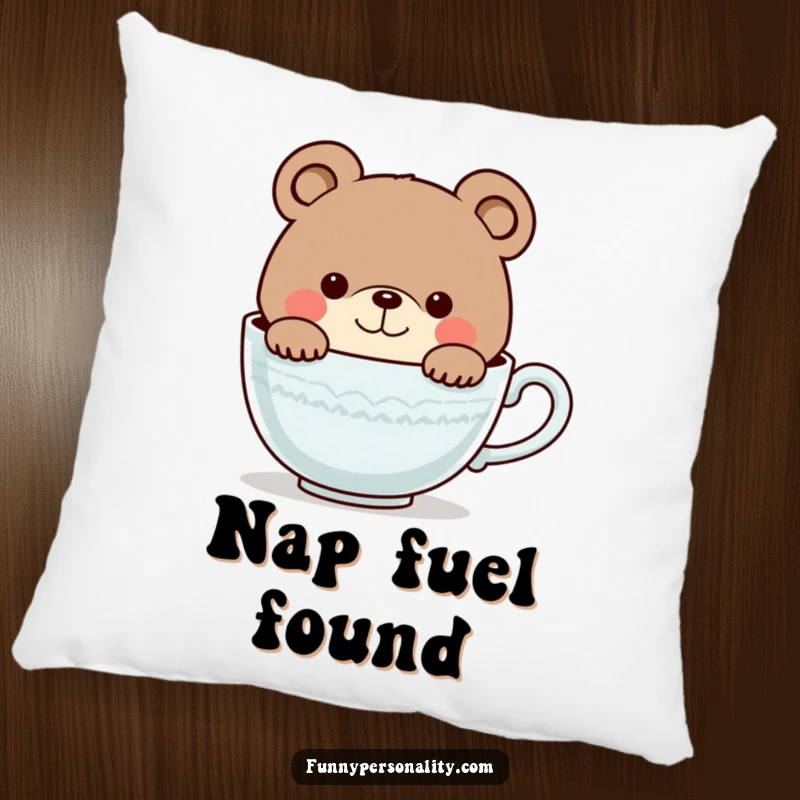 Funny pillow featuring a curious bear character smiling while peeking into a giant teacup, providing comfort and a touch of playful art.