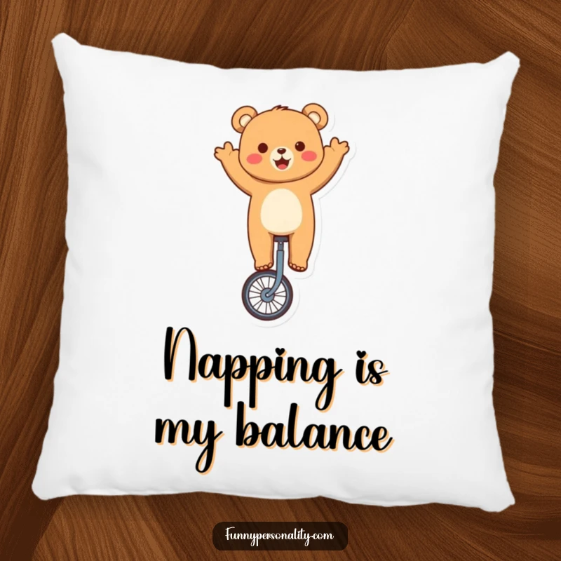 Funny bear pillow with a cute character expertly riding a unicycle and waving, creating a cozy and humorous accent.