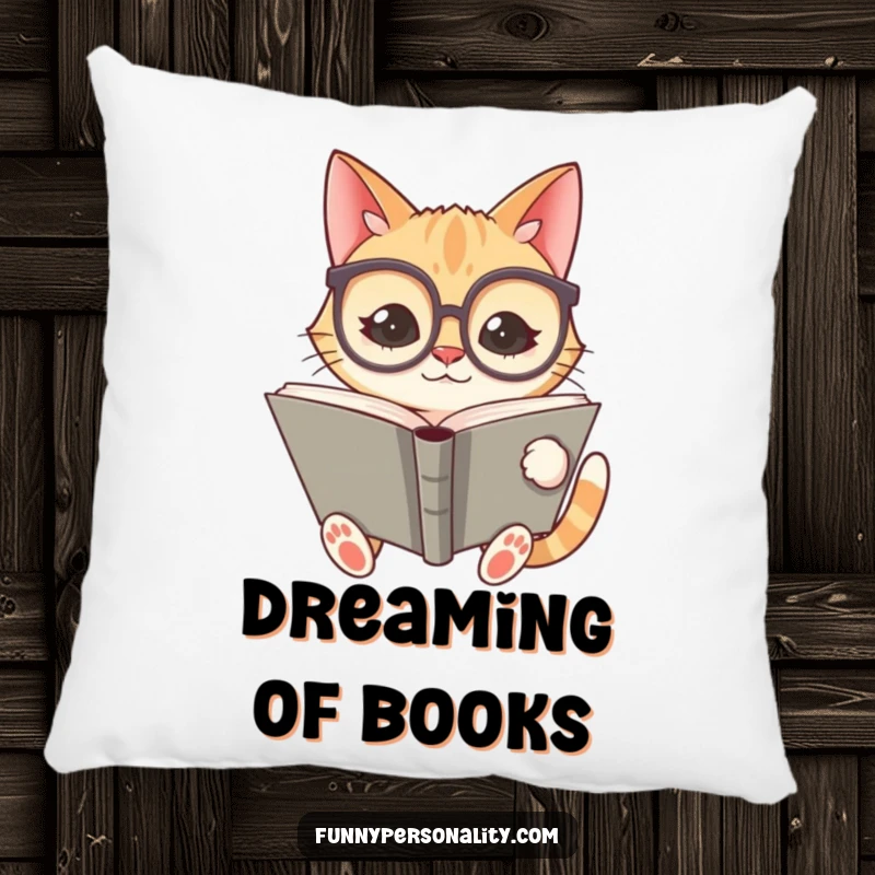 Funny pillow featuring a silly cat character wearing oversized spectacles and reading a giant book, offering comfort and humor.