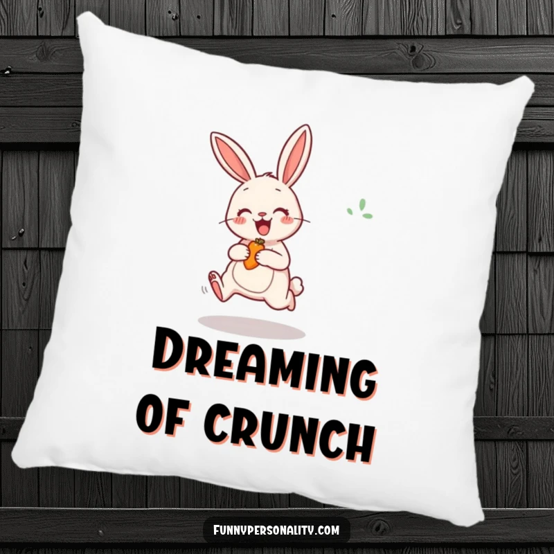 Funny Rabbit Pillow with a cheerful bunny excitedly jumping for a carrot, offering comfort and boundless energy.