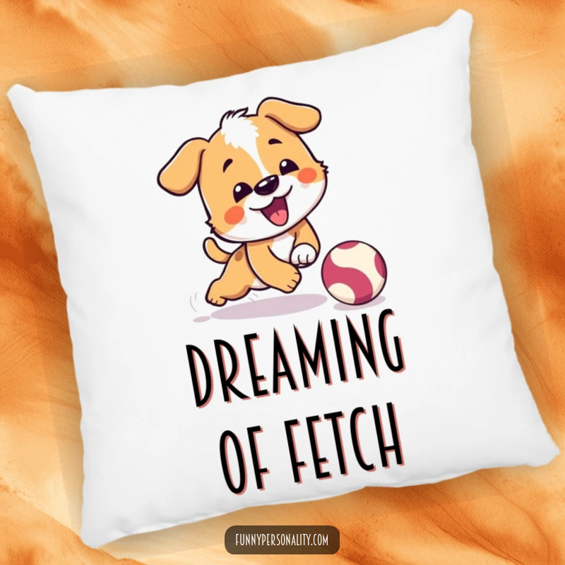 Funny pillow featuring a playful dog character comically tripping while chasing a bouncing ball, perfect for comfort.