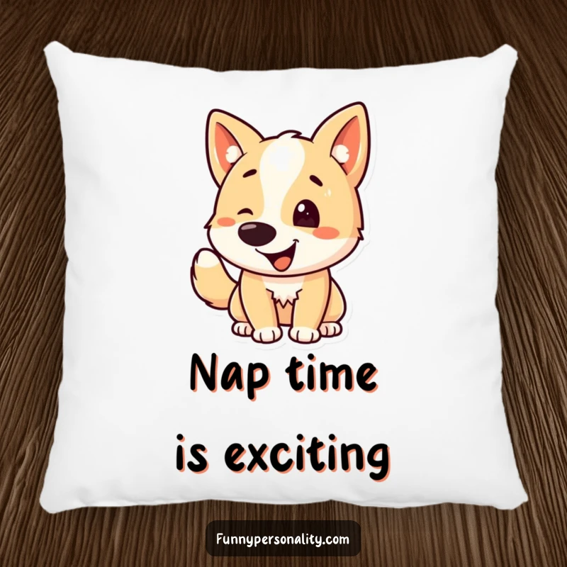 Funny dog pillow featuring a cute dog character joyfully wagging its tail, perfect for adding cheer to any seating area.