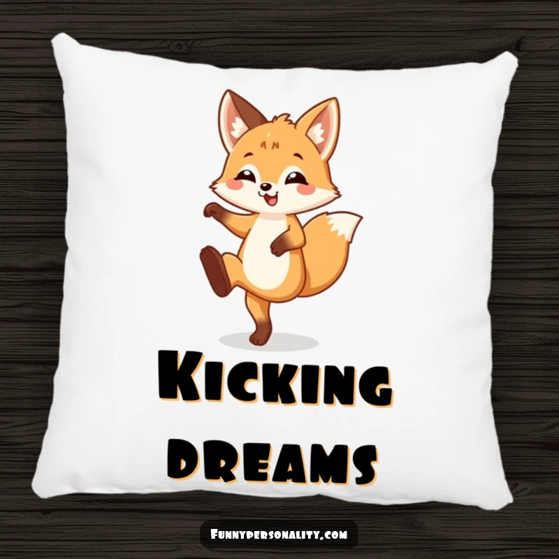 Funny Pillow featuring a happy fox cub doing a silly leg kick, perfect for adding a playful touch to any room.
