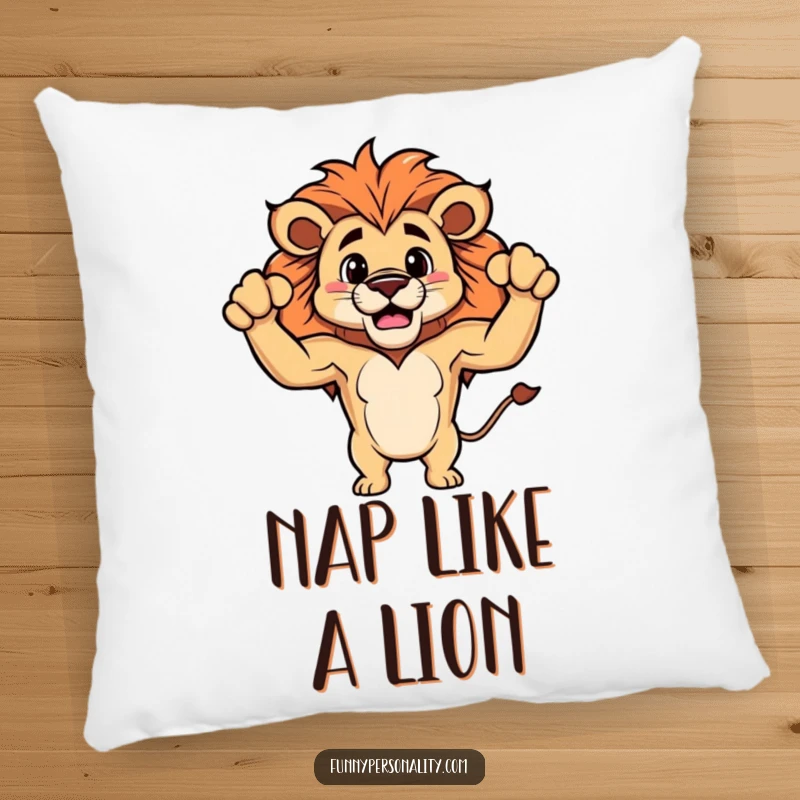 Funny pillow showcasing a proud lion character flexing its minuscule, fluffy biceps, ideal for adding humor to any couch.