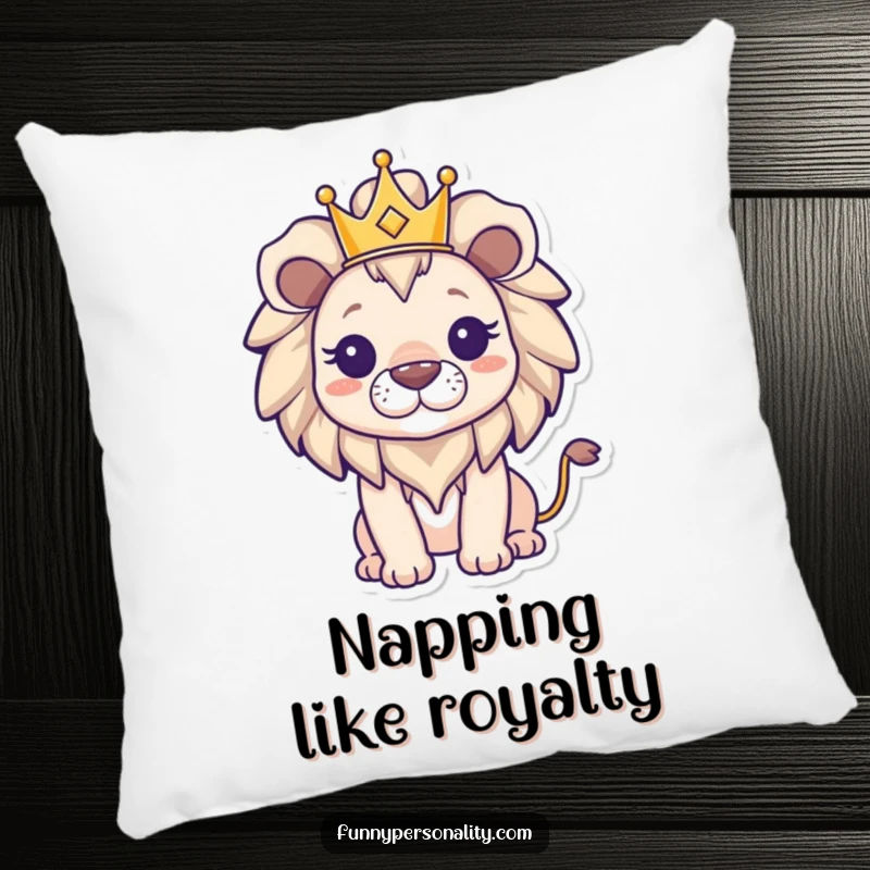 Funny triumphant lion in a small crown, featured on a plush pillow, offering a cozy and regal decorative accent for any home.