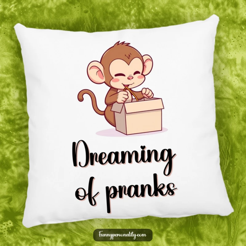 Funny monkey pillow featuring a mischievous monkey pulling a long string, offering comfort and humorous prankster vibes.