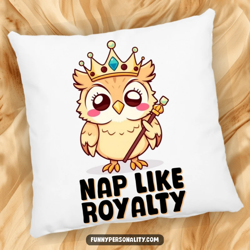 Funny owl pillow featuring a giggling owl king with a crown and scepter, offering comfort and humorous regal vibes.