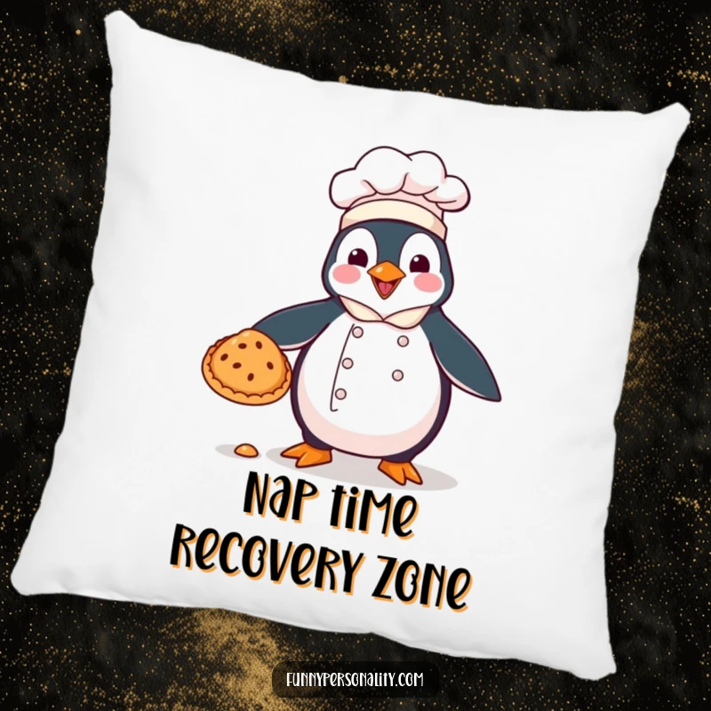 Funny pillow: a penguin chef dropping a pie, perfect for adding comedic relief to any room.