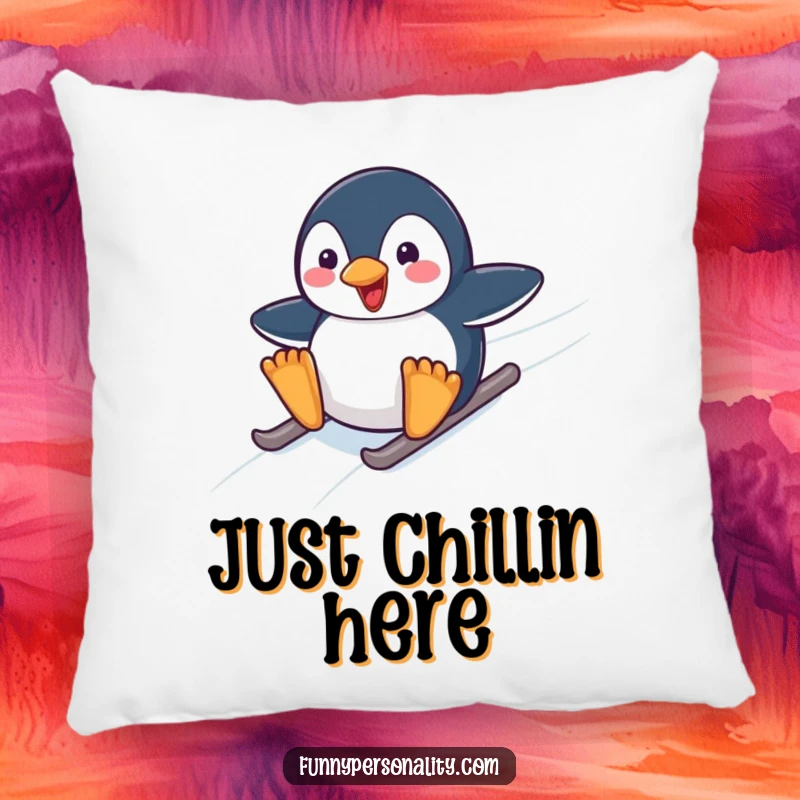 Funny pillow design of a happy penguin character in mid-slide down an icy slope, bringing smiles and cozy arctic vibes.