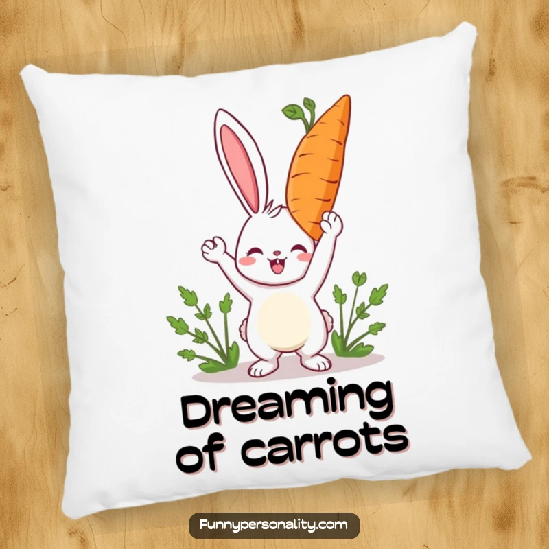 Funny rabbit pillow with a happy character holding a giant carrot, adding comfort and humorous delight.