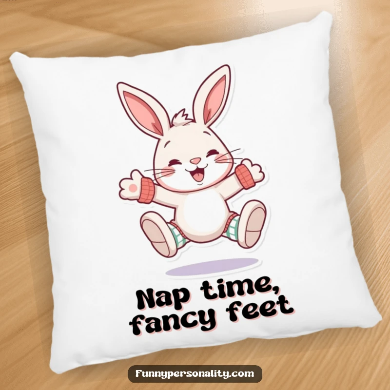 Funny rabbit pillow: a soft cushion featuring a grinning rabbit character wearing large, mismatched socks, perfect for lounging.