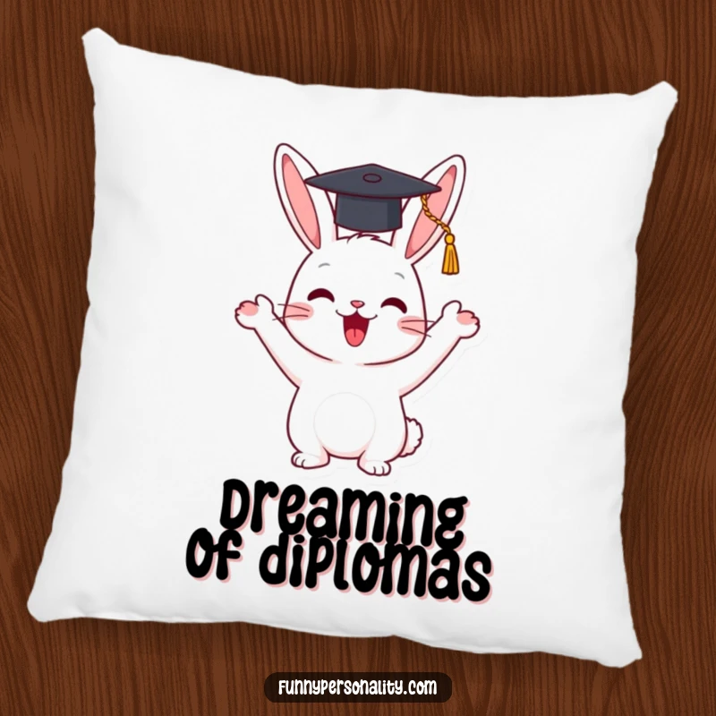 Funny pillow featuring a happy rabbit character enthusiastically waving a tiny graduation cap, offering comfort and cheer.