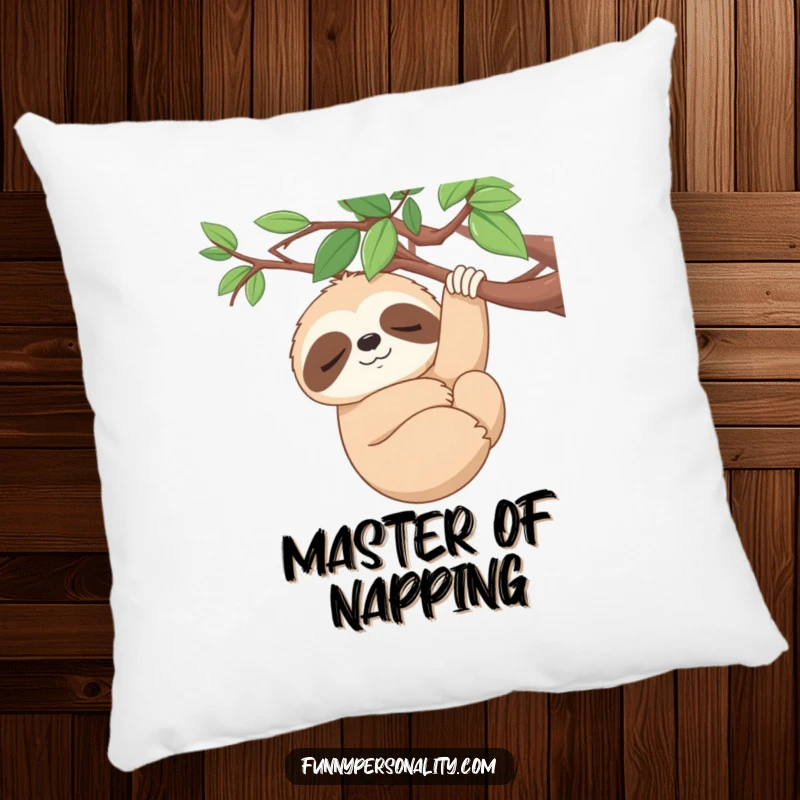 Funny Pillow: A sleepy sloth smiles serenely while hanging from a branch, offering comfort and humor as a gift.