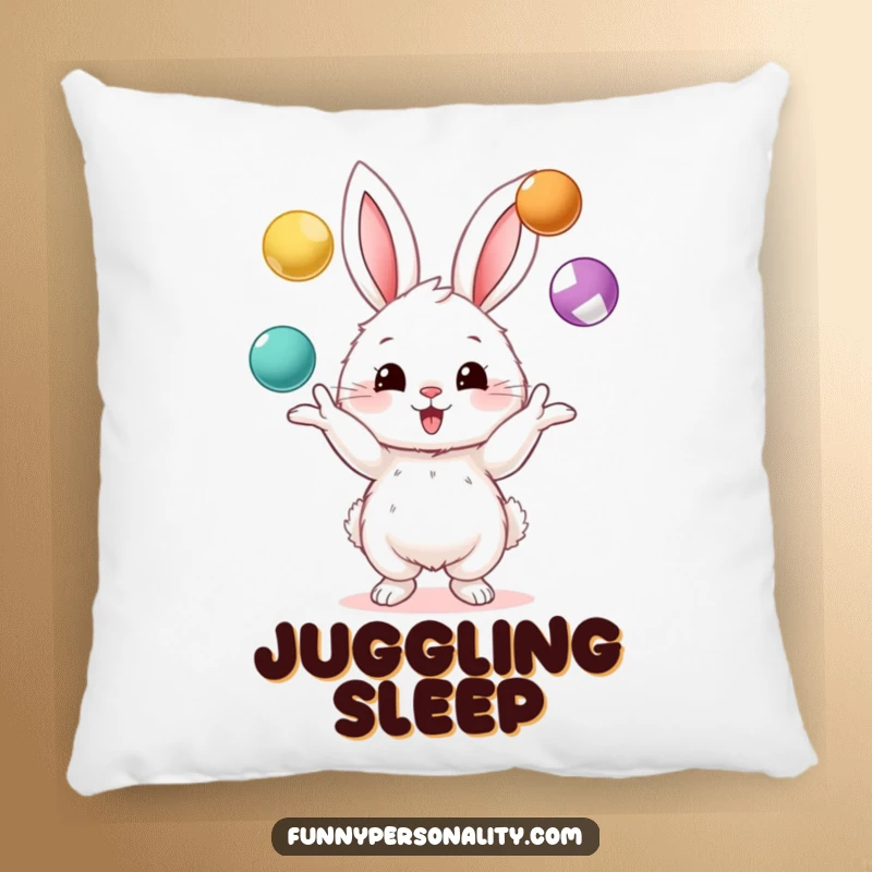 Funny pillow with a fluffy bunny character enthusiastically juggling three colorful balls, offering both comfort and a cheerful visual.