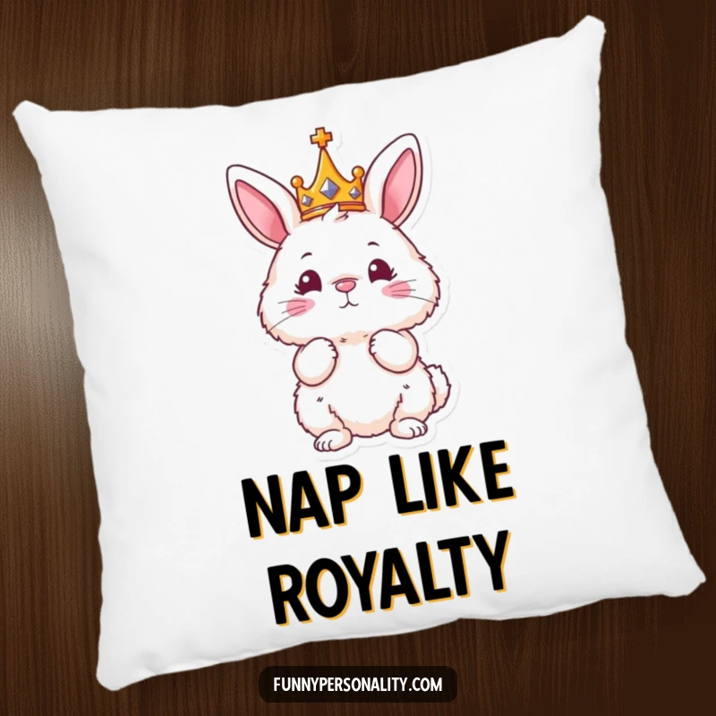 Funny pillow featuring a fluffy bunny in a tiny crown, posing regally, ideal for decor and comfort.