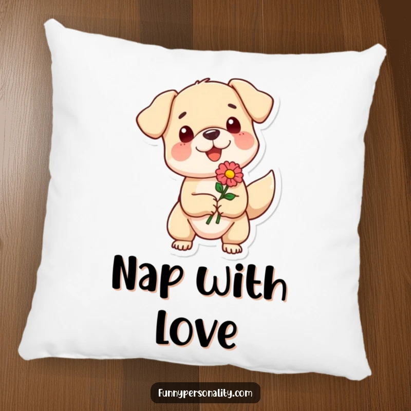 Funny pillow featuring a small dog character enthusiastically offering a flower, providing comfort and a touch of heartwarming canine charm.