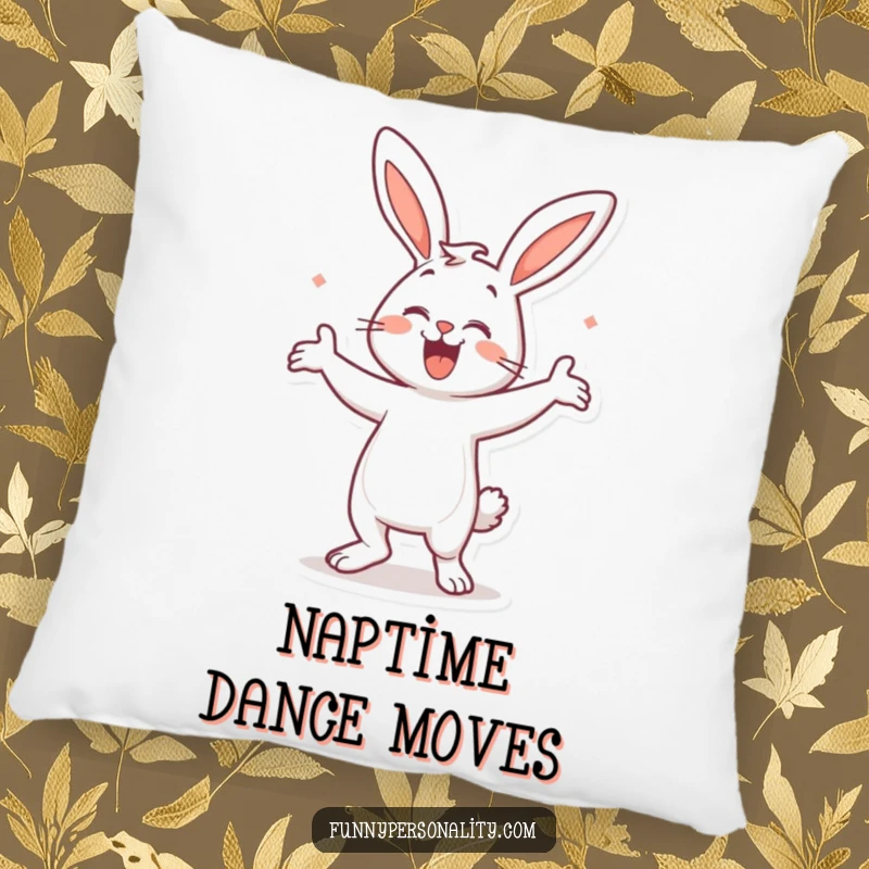 Funny Bunny Dance Pillow: A soft pillow showcasing a happy bunny energetically dancing, perfect for adding whimsical comfort. Home decor.