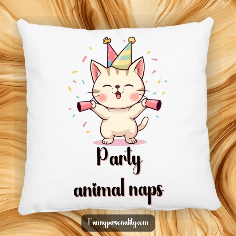 Funny Cat Pillow: A soft, decorative pillow featuring a mischievous cat in a party hat, joyfully releasing confetti.