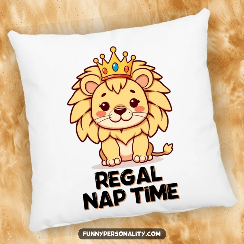 Funny pillow with a proud lion wearing a tiny crown, a soft and humorous addition providing regal comfort.