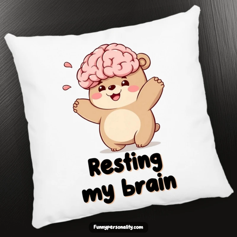Funny bear character pillow with a chubby bear playfully tossing a smiling brain, offering soft comfort.