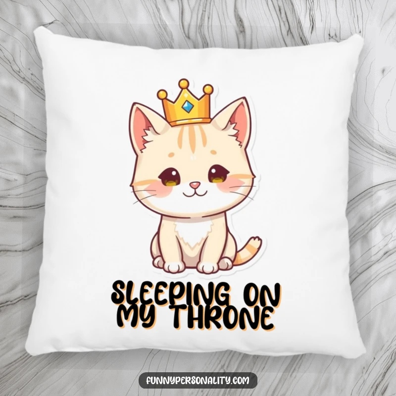 Funny cat character wearing a crown, looking regal and sophisticated, a soft and humorous decorative pillow.