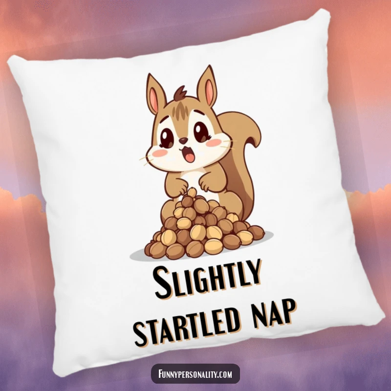 Funny Squirrel Pillow with a surprised squirrel dropping a pile of nuts, offering comfort and relatable humor.