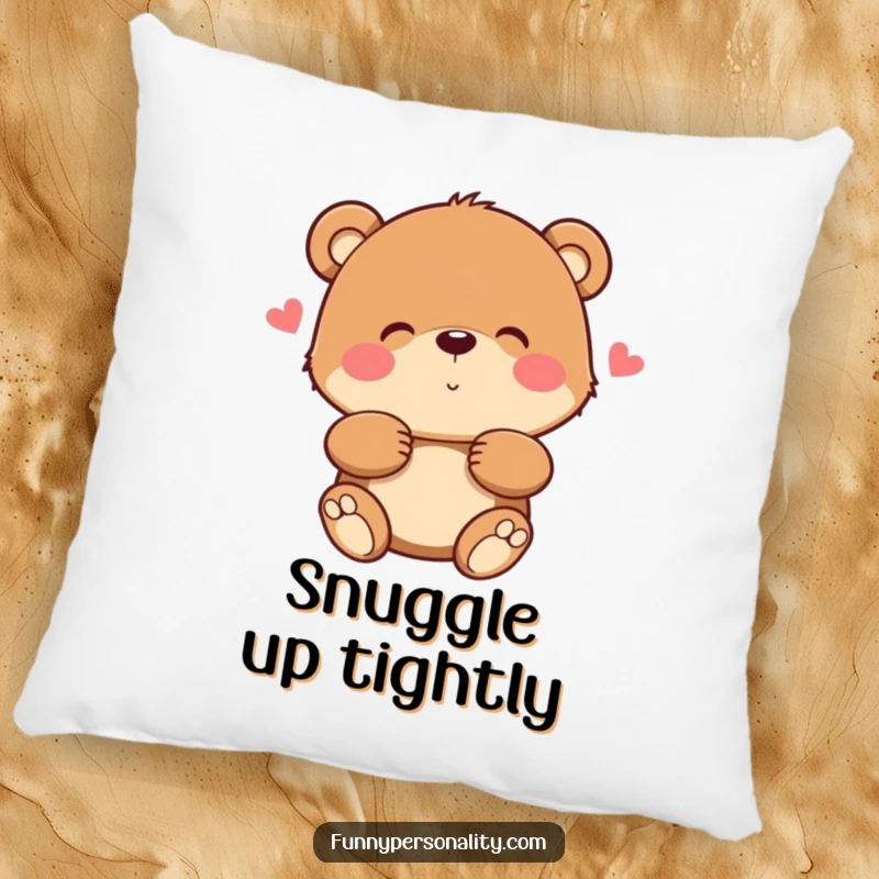 Funny bear pillow designed with a sweet bear character offering a big, fuzzy hug, ideal for cozy naps.