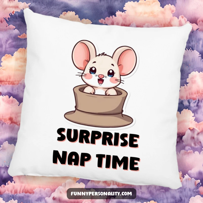 Funny pillow showcasing a surprised mouse character popping out of a tiny hat, perfect for adding cozy humor and charm.