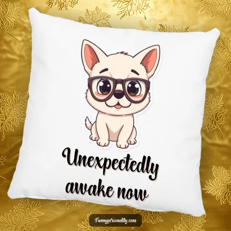 Funny Dog Pillow with a surprised puppy sporting oversized glasses, providing comfort and a humorous touch.