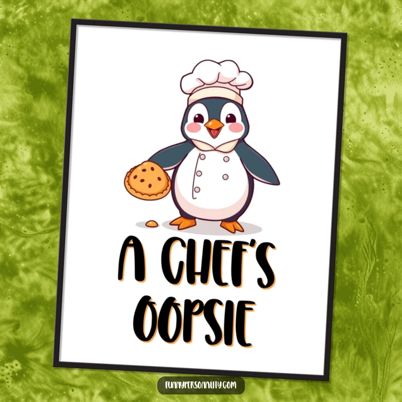 Funny digital art print: a penguin chef hilariously dropping a pie, bringing kitchen humor.